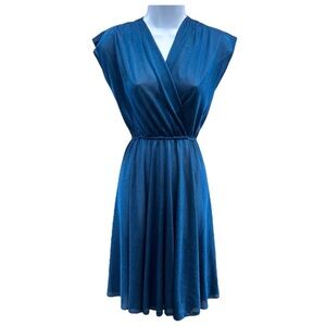 Vintage 70s Shimmery Iridescent Blue Sheer Wrap Style Midi Dress